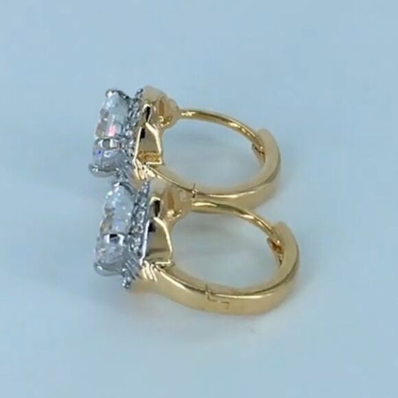 14K Yellow Gold with White Diamond Cubic Zirconia Halo Huggie Hoop Drop Earrings - Picture 12 of 13